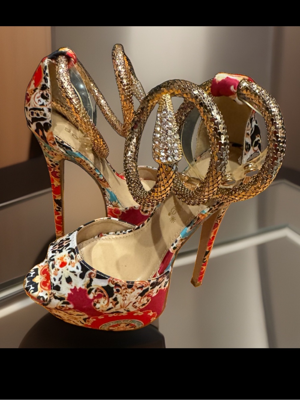 Shoe Dazzle Genesis Gold Snake Multicolor Floral Platform High Heel Sandals (5.5